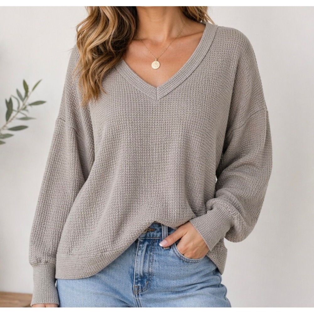 Excellent Ginger G Taupe Waffle Knit‎ Top Womens Large Oversized V-Neck Thermal